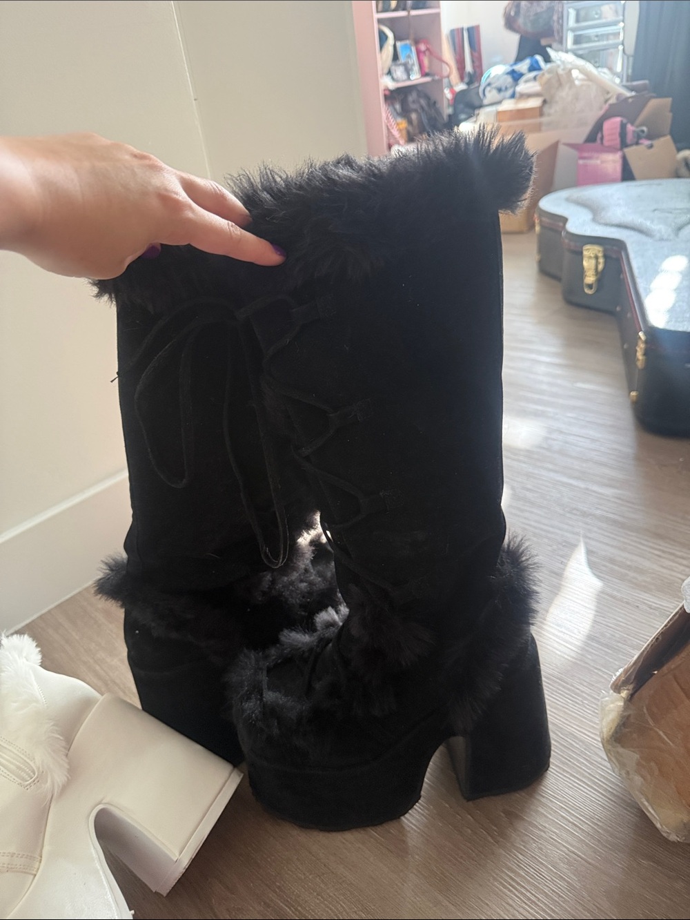 Dolls Kill Black Faux Fur Platform Heeled Boots